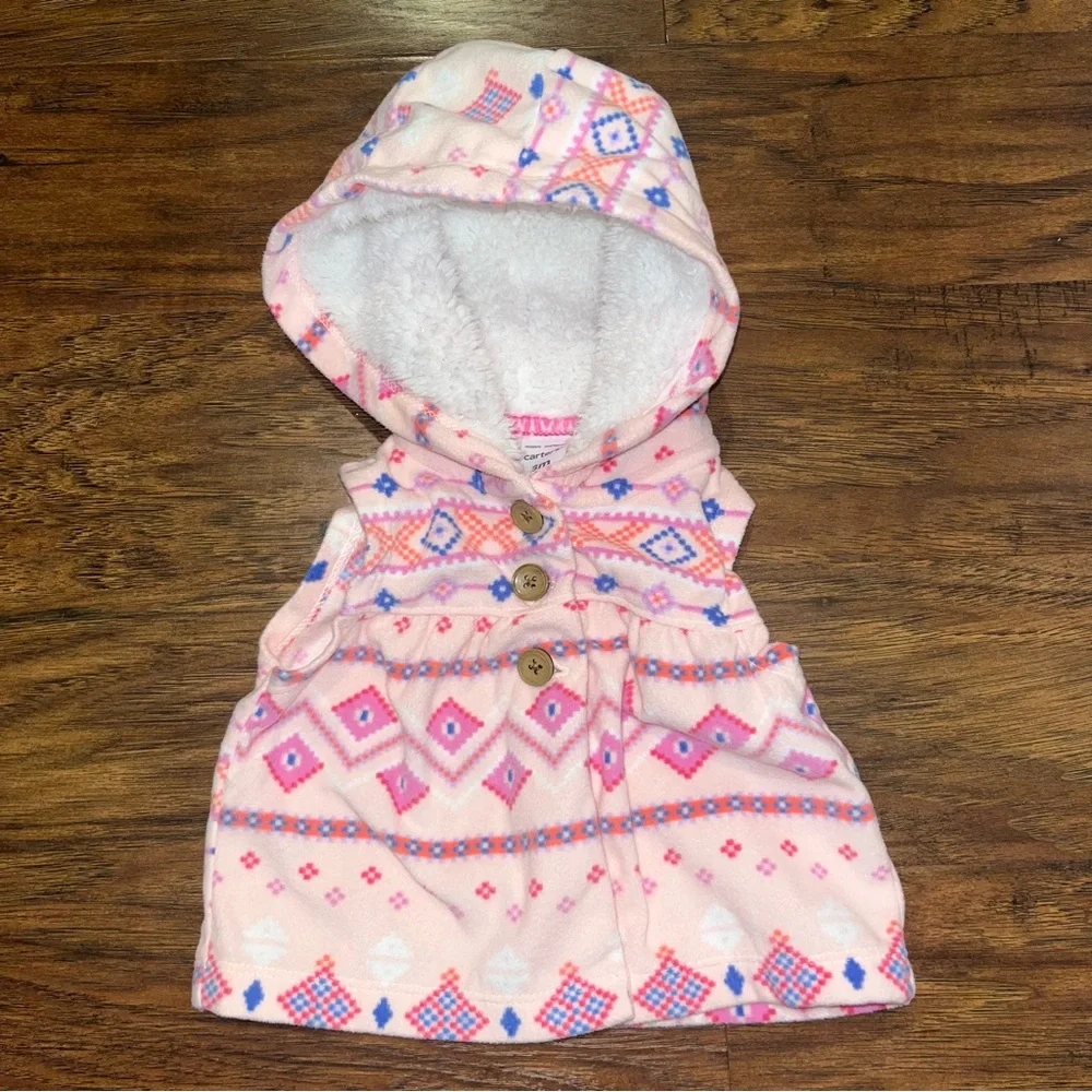 Carter's Pink and White Hooded Vest with Geometric Floral Design